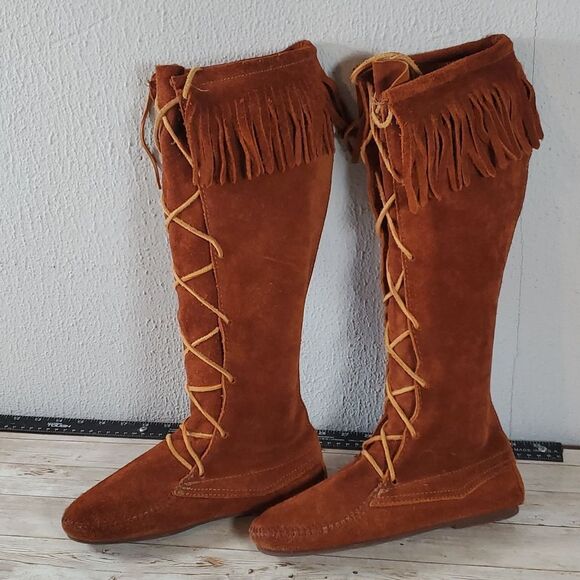 Vintage Minnetonka Front Lace Knee High Hippie Fringe Boots Suede‎ Size 7 - Picture 3 of 8